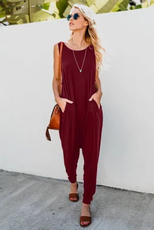Wine Red Sleeveless Pocketed Harem Jumpsuit