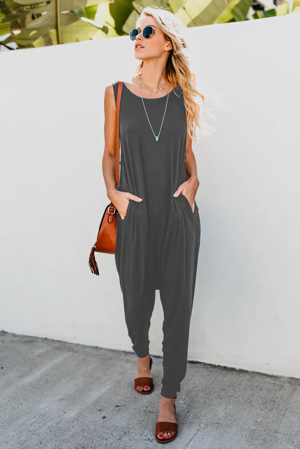 Wine Red Sleeveless Pocketed Harem Jumpsuit