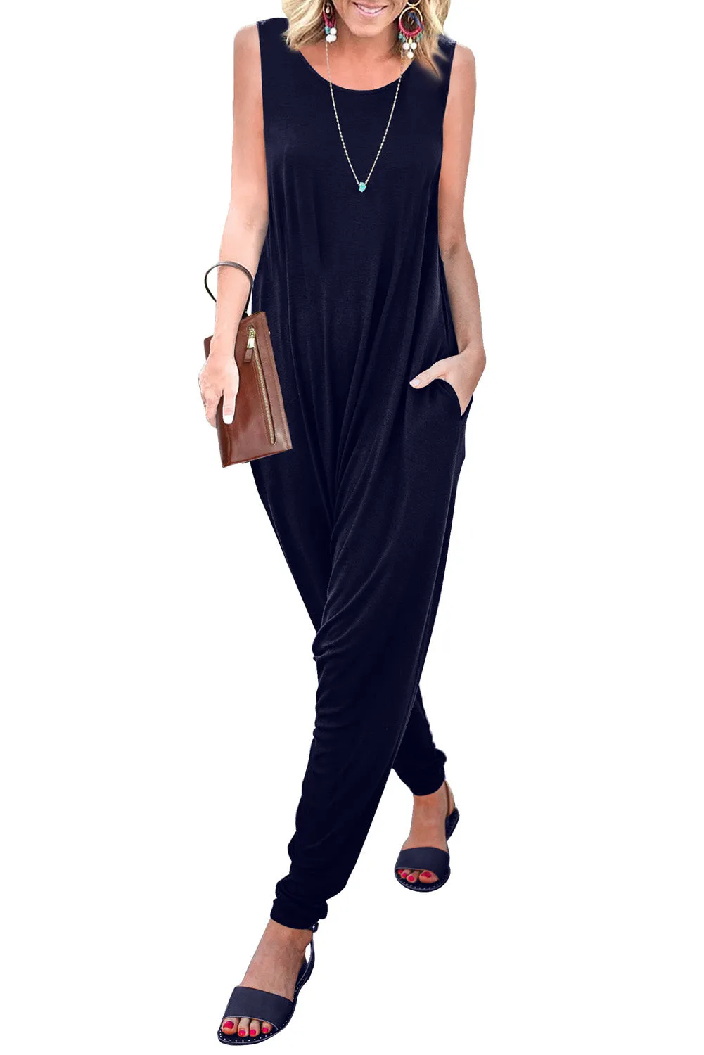Wine Red Sleeveless Pocketed Harem Jumpsuit