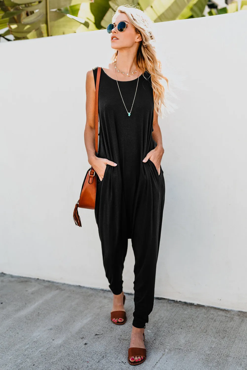 Wine Red Sleeveless Pocketed Harem Jumpsuit
