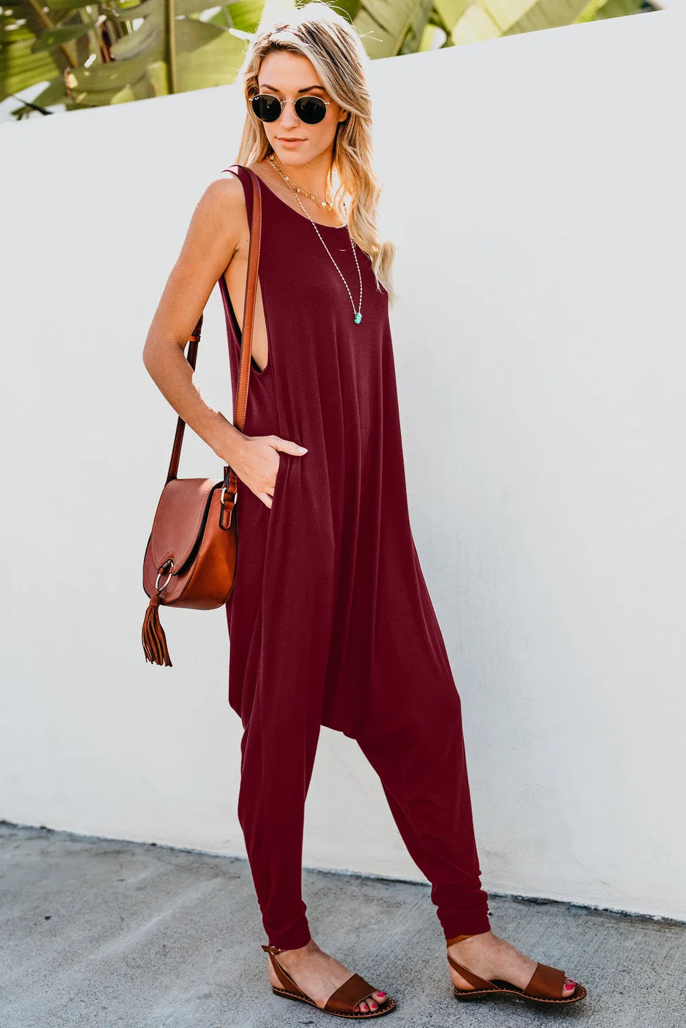 Wine Red Sleeveless Pocketed Harem Jumpsuit