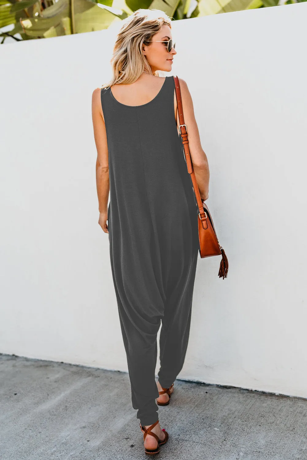 Wine Red Sleeveless Pocketed Harem Jumpsuit