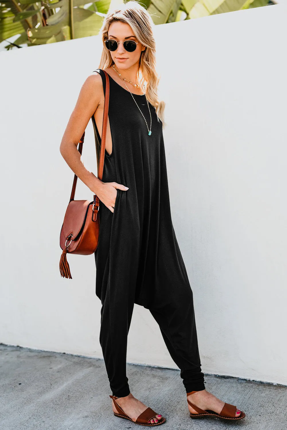 Wine Red Sleeveless Pocketed Harem Jumpsuit