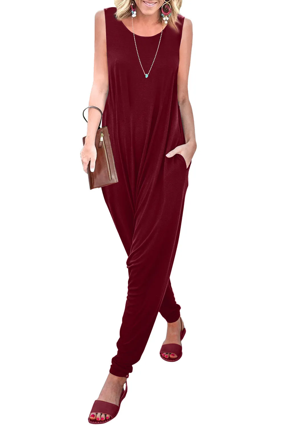 Wine Red Sleeveless Pocketed Harem Jumpsuit
