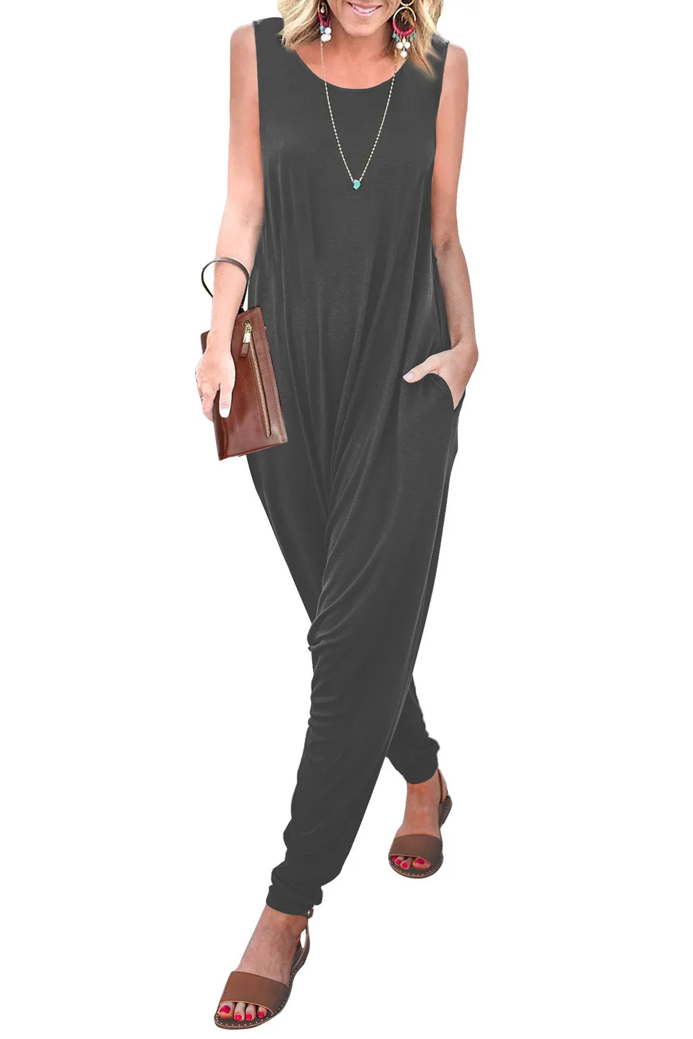 Wine Red Sleeveless Pocketed Harem Jumpsuit