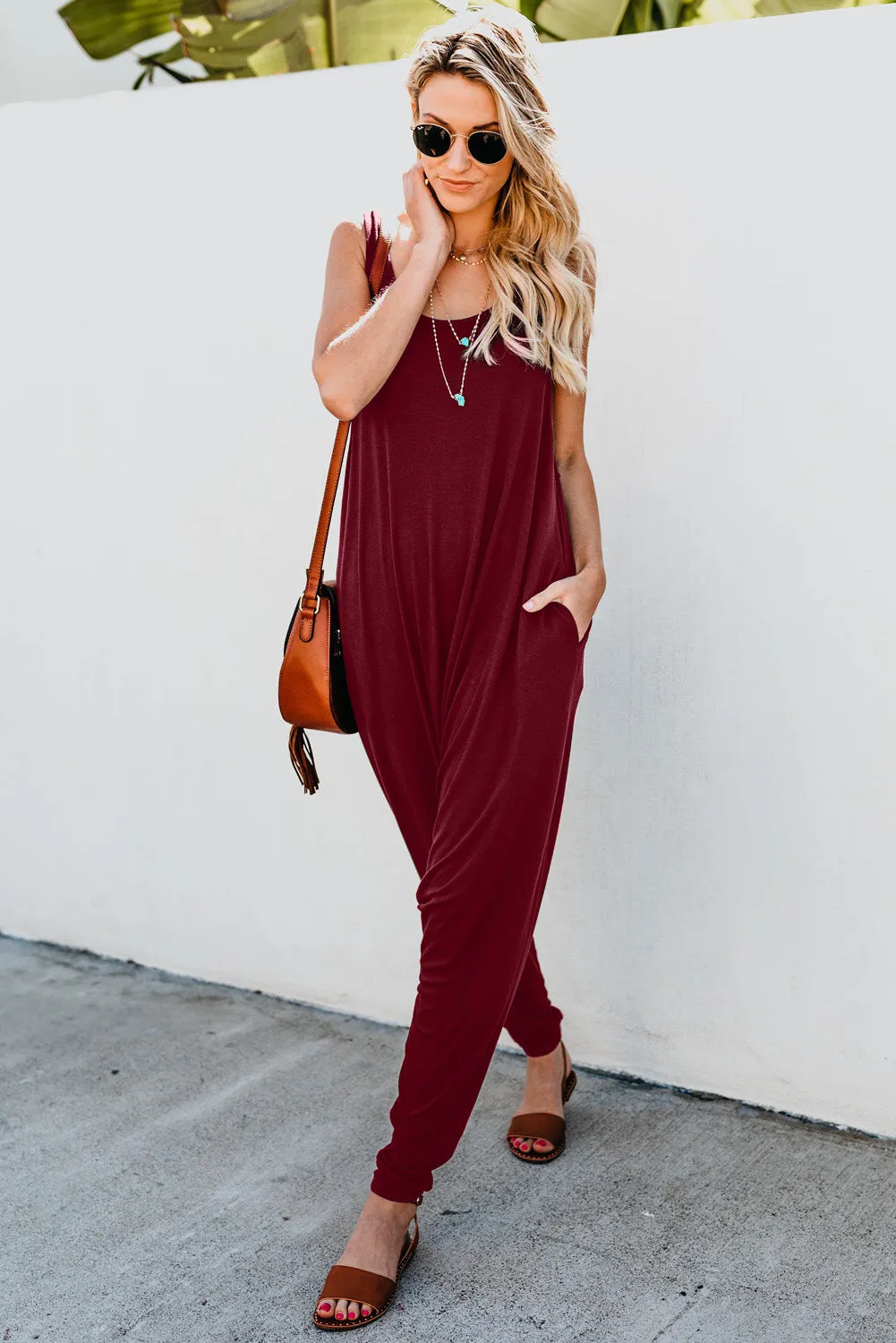 Wine Red Sleeveless Pocketed Harem Jumpsuit