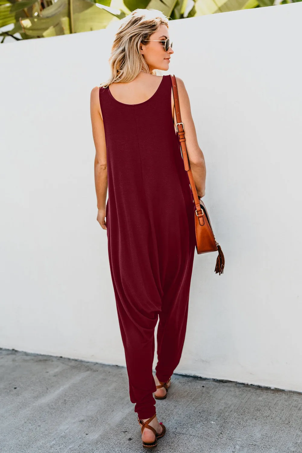 Wine Red Sleeveless Pocketed Harem Jumpsuit
