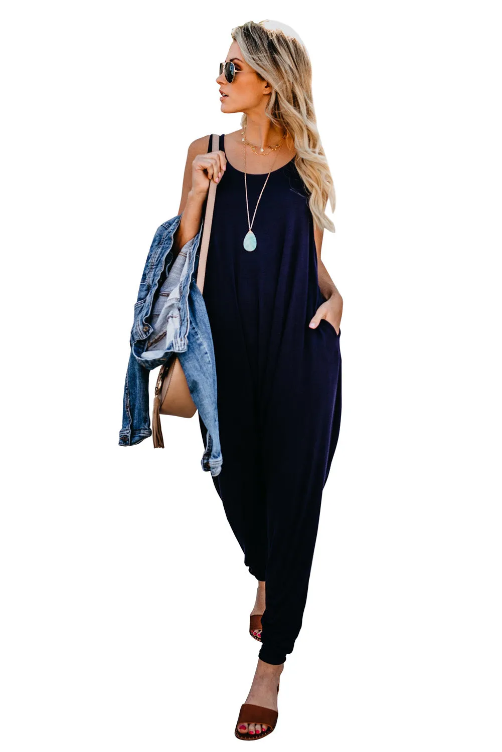Wine Red Sleeveless Pocketed Harem Jumpsuit