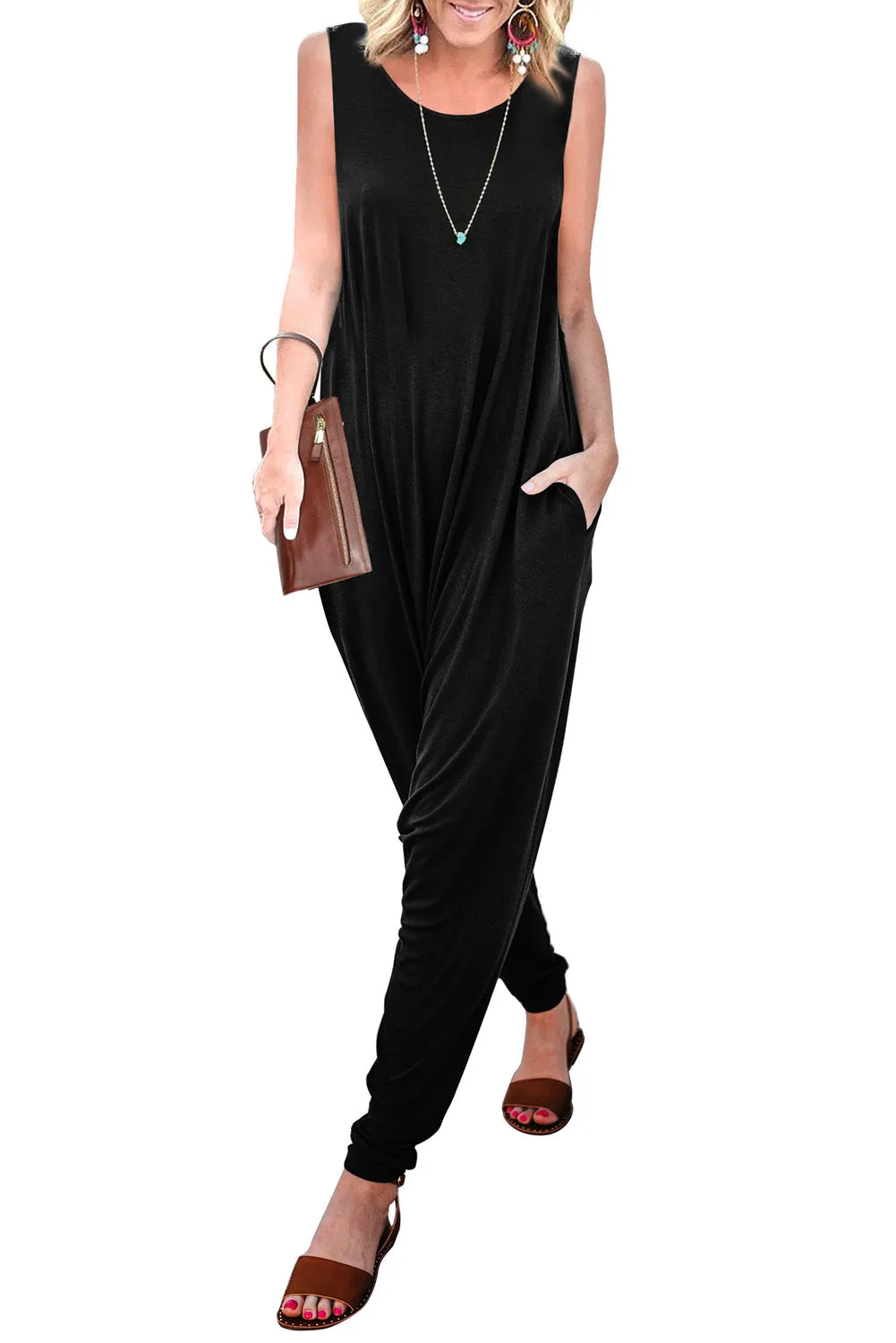 Wine Red Sleeveless Pocketed Harem Jumpsuit