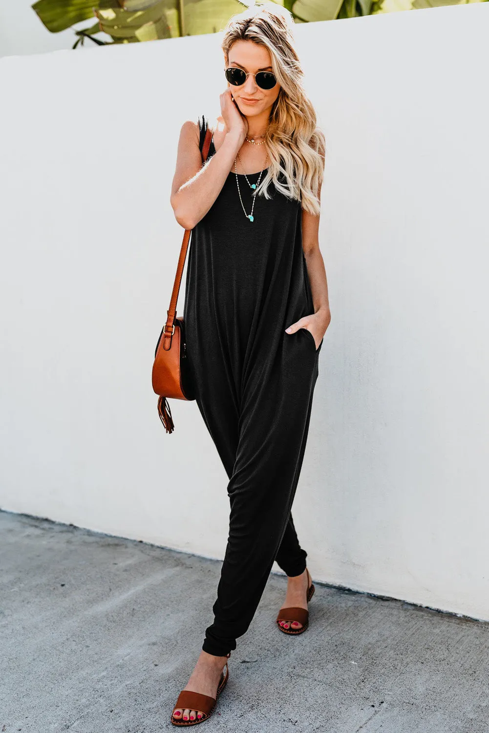 Wine Red Sleeveless Pocketed Harem Jumpsuit