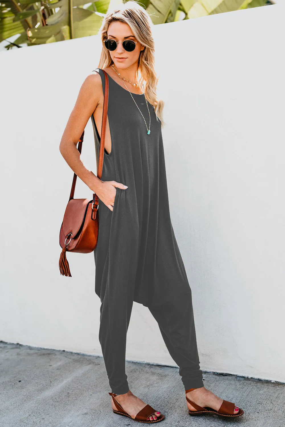 Wine Red Sleeveless Pocketed Harem Jumpsuit