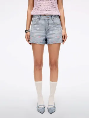 Wing-Embellished Beaded Denim Shorts