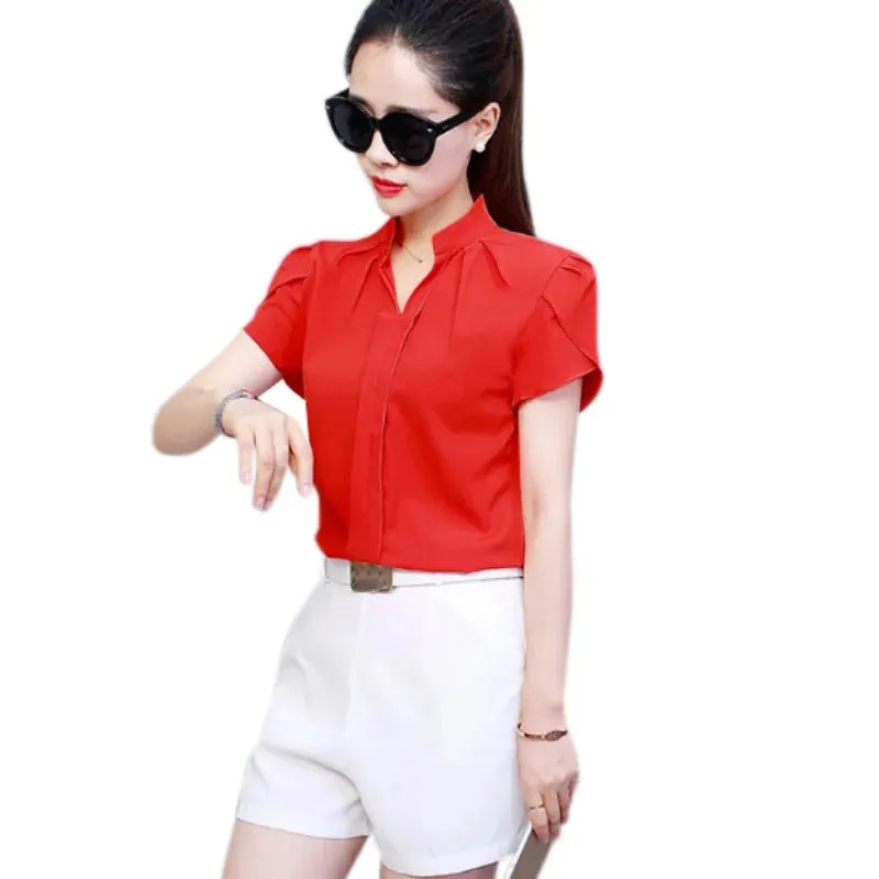 Women White Shirt Female Short Sleeve Shirt Fashion Leisure Chiffon Blouse Tops