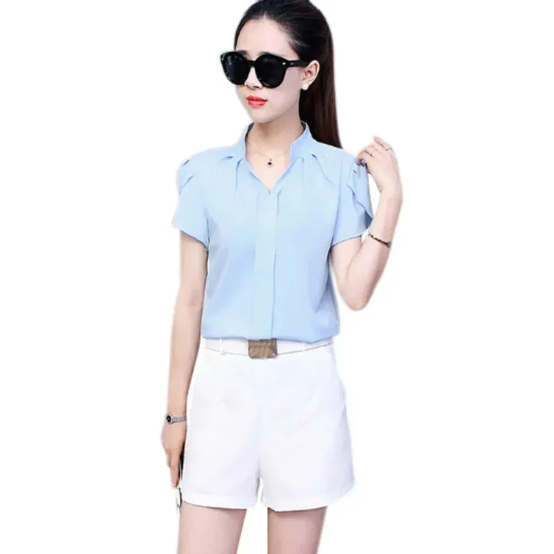 Women White Shirt Female Short Sleeve Shirt Fashion Leisure Chiffon Blouse Tops