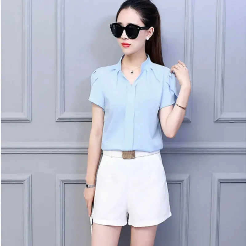 Women White Shirt Female Short Sleeve Shirt Fashion Leisure Chiffon Blouse Tops