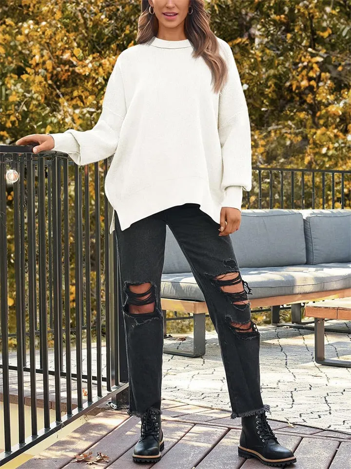 Women's Batwing Sleeve Side Slit Ribbed Crewneck Sweater