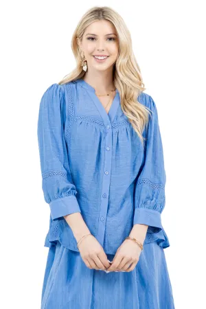 Women's Casual Resort Wear Boho Blouse Button Down with Crochet Lace Trim and 3/4 Sleeves