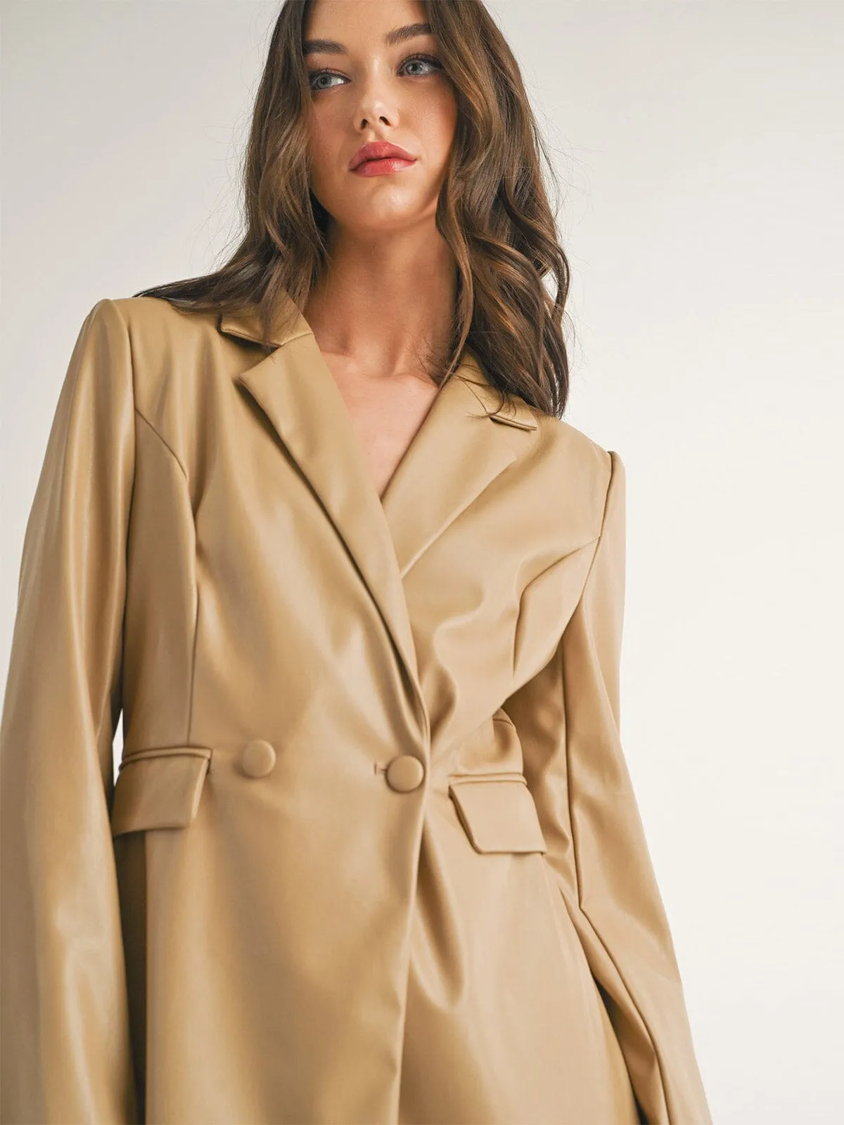 WOMEN'S LONG SLEEVE BUTTON CLOSURE PU PLEATHER ROMPER
