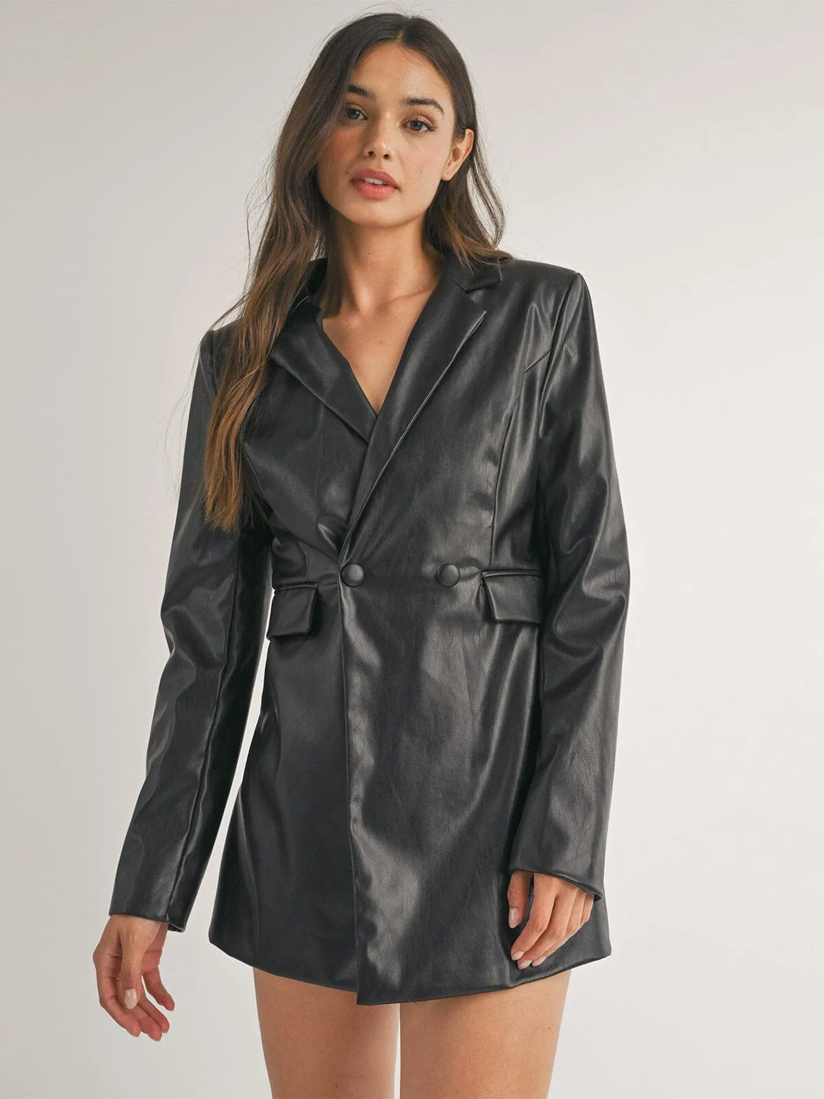 WOMEN'S LONG SLEEVE BUTTON CLOSURE PU PLEATHER ROMPER