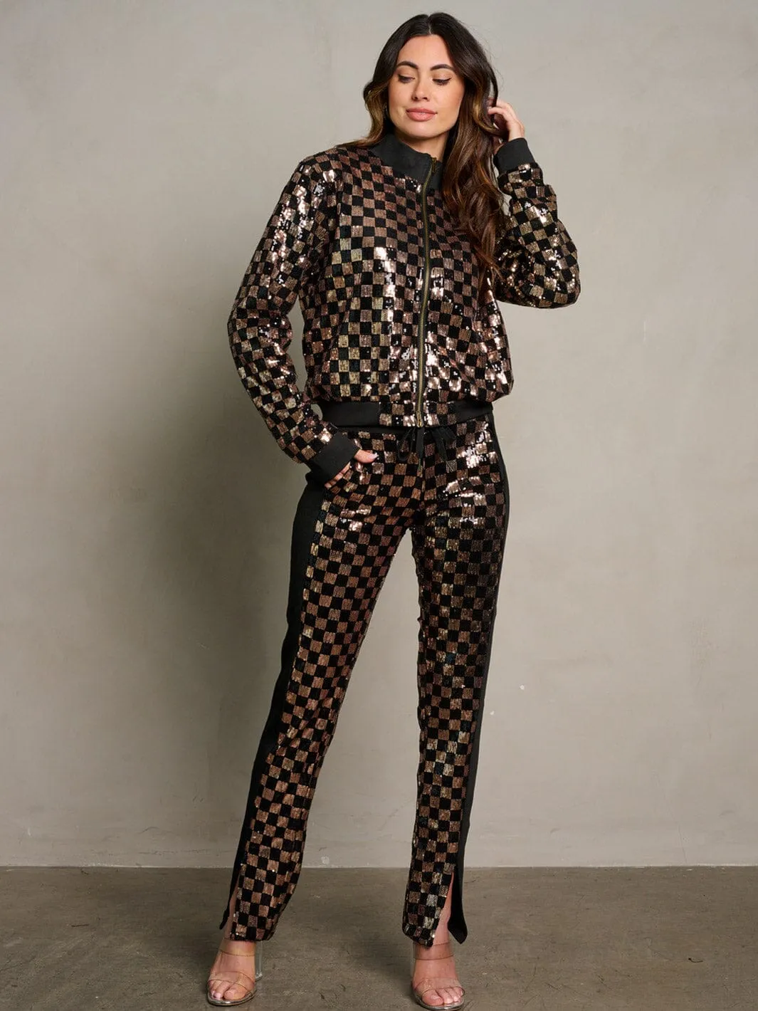 WOMEN'S LONG SLEEVE JACKET & ELASTIC WAIST PANTS SEQUINS 2PC. SET