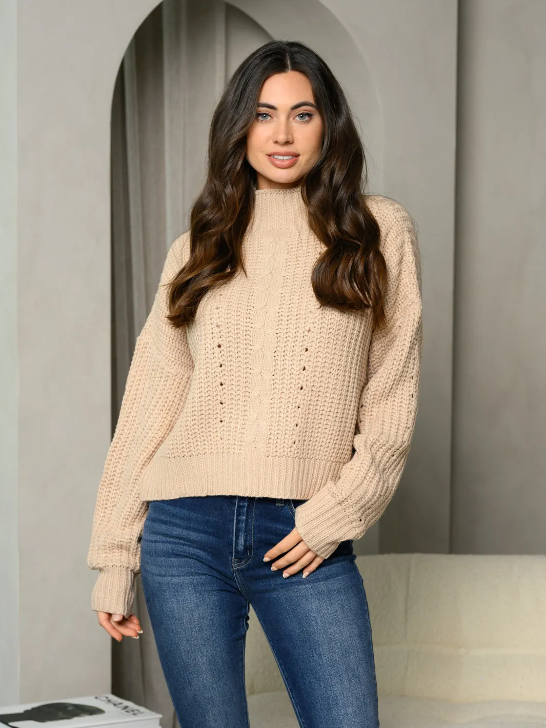 WOMEN'S LONG SLEEVE MOCK NECK KNIT SWEATER