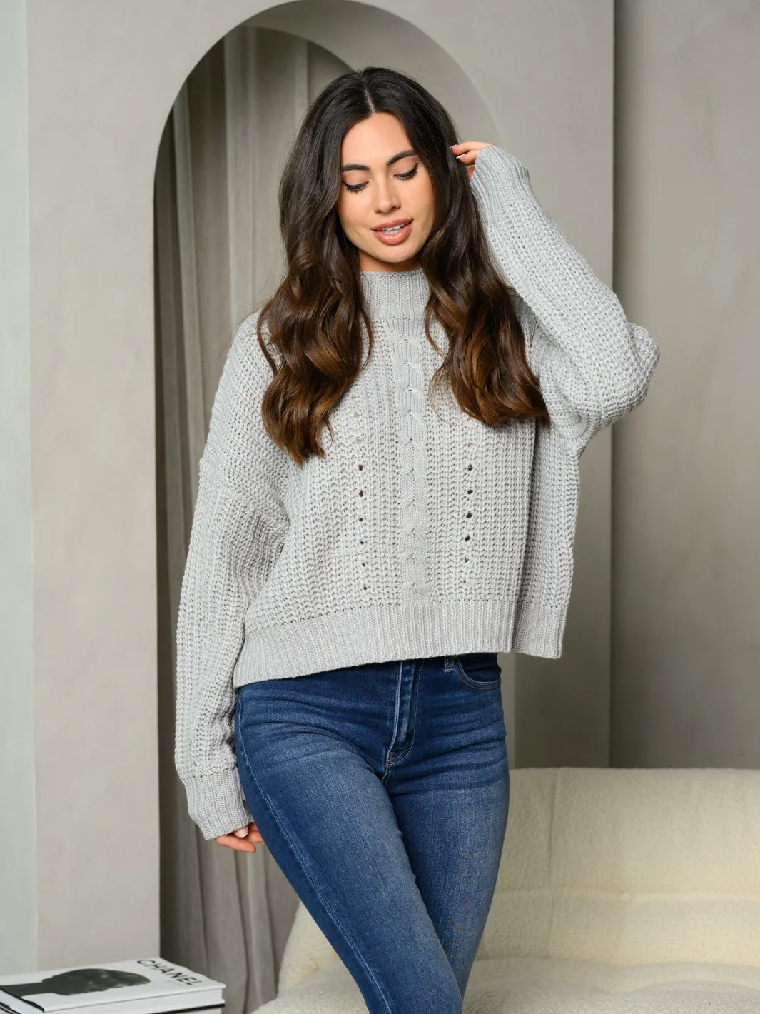 WOMEN'S LONG SLEEVE MOCK NECK KNIT SWEATER
