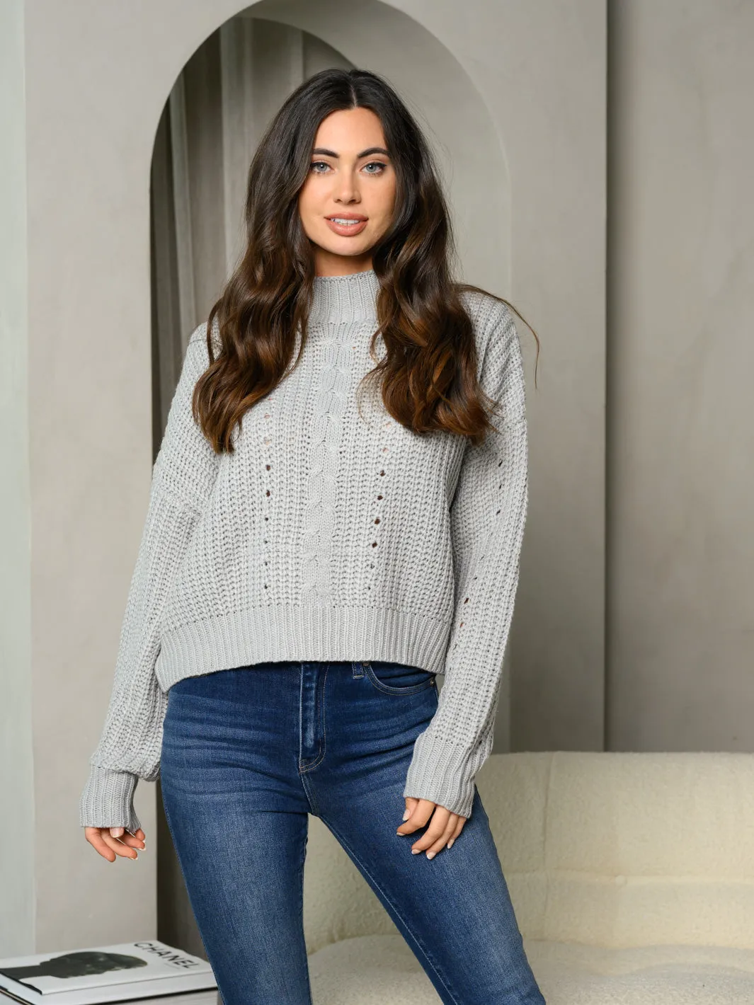 WOMEN'S LONG SLEEVE MOCK NECK KNIT SWEATER