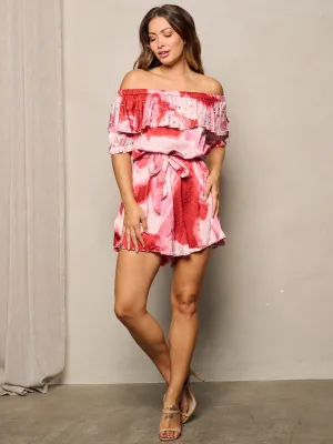 WOMEN'S OFF SHOULDER SELF TIE RUFFLE STUDS DETAILED TIE DYE ROMPER