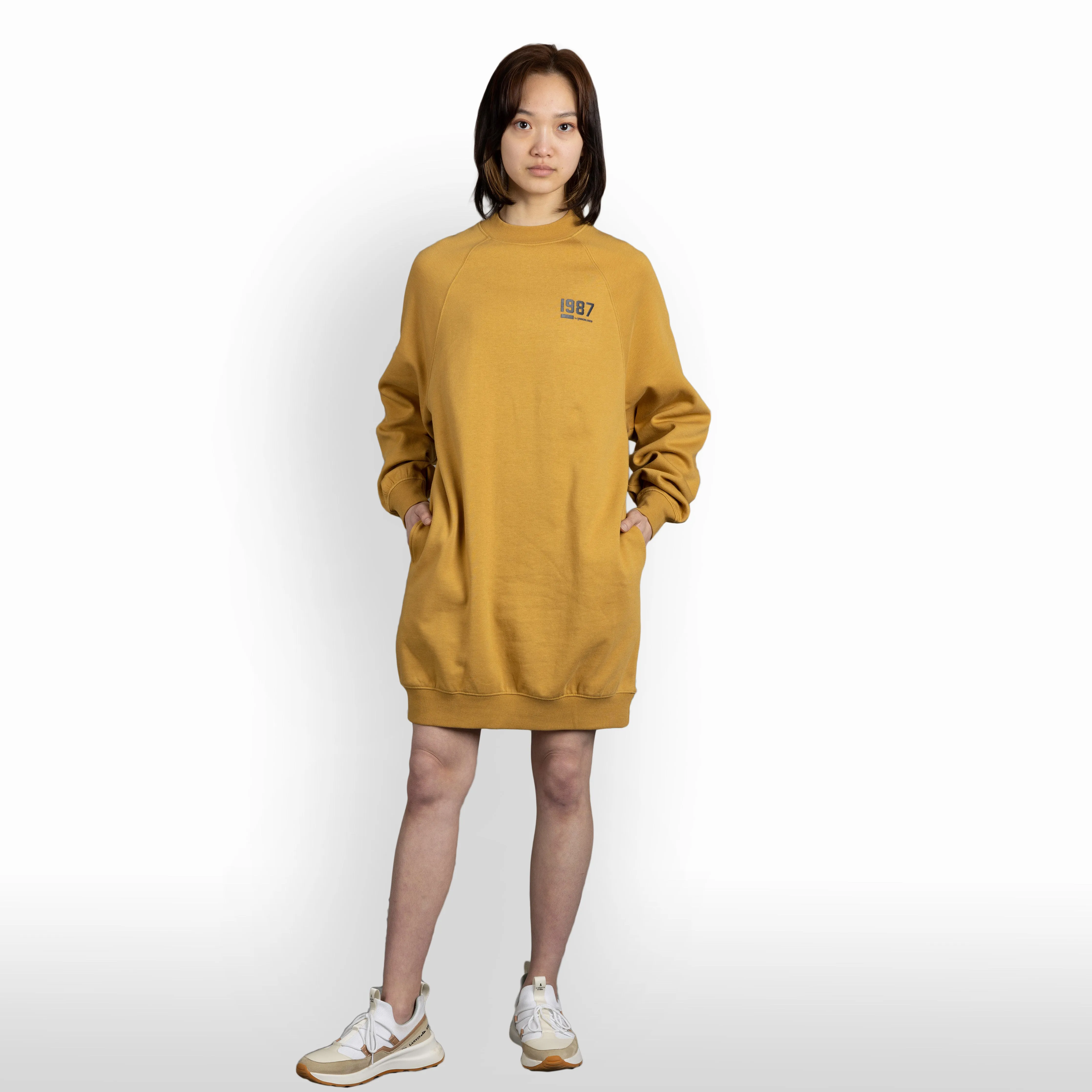 Womens Oversized Raglan Fleece Crewneck Dress - Honey Mustard