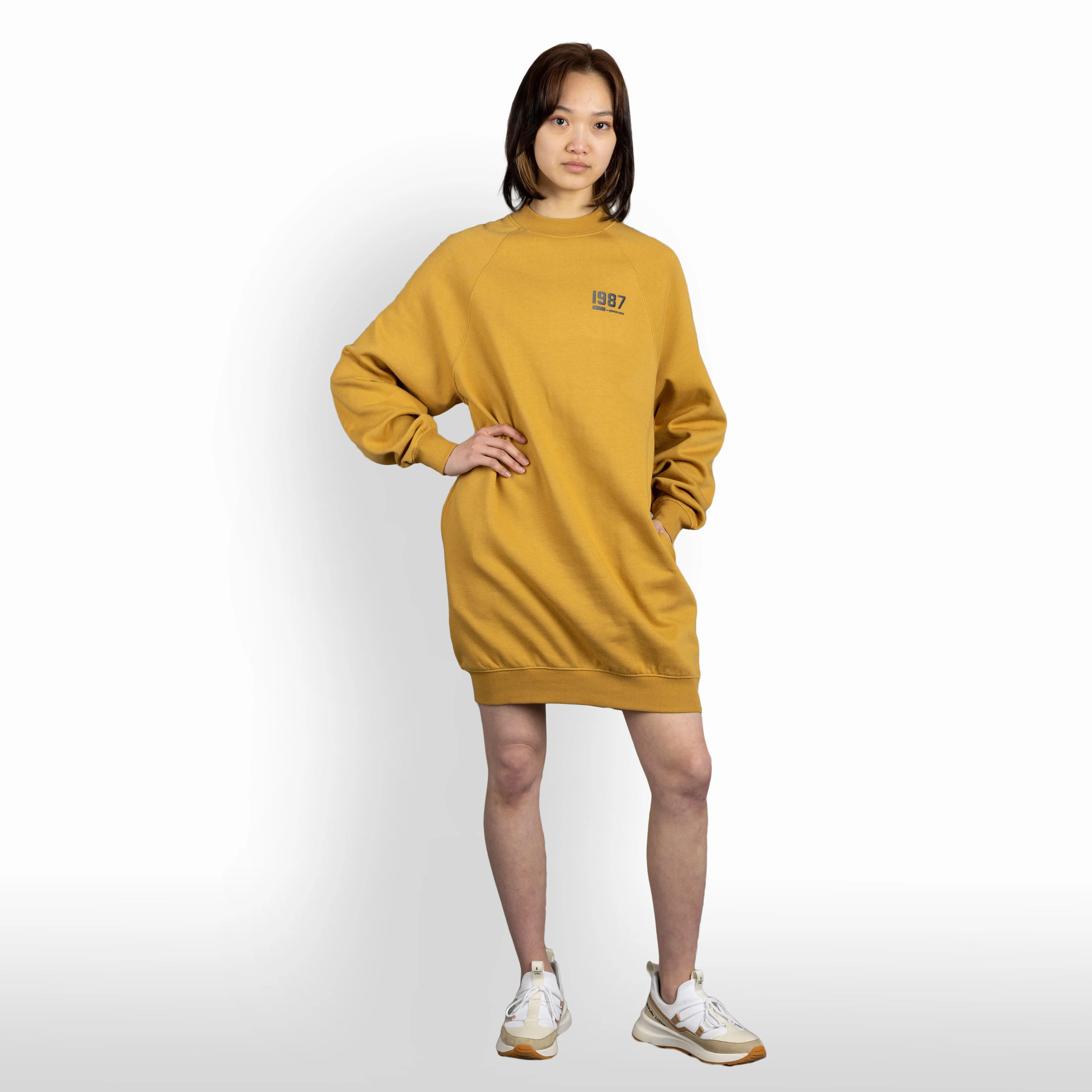 Womens Oversized Raglan Fleece Crewneck Dress - Honey Mustard