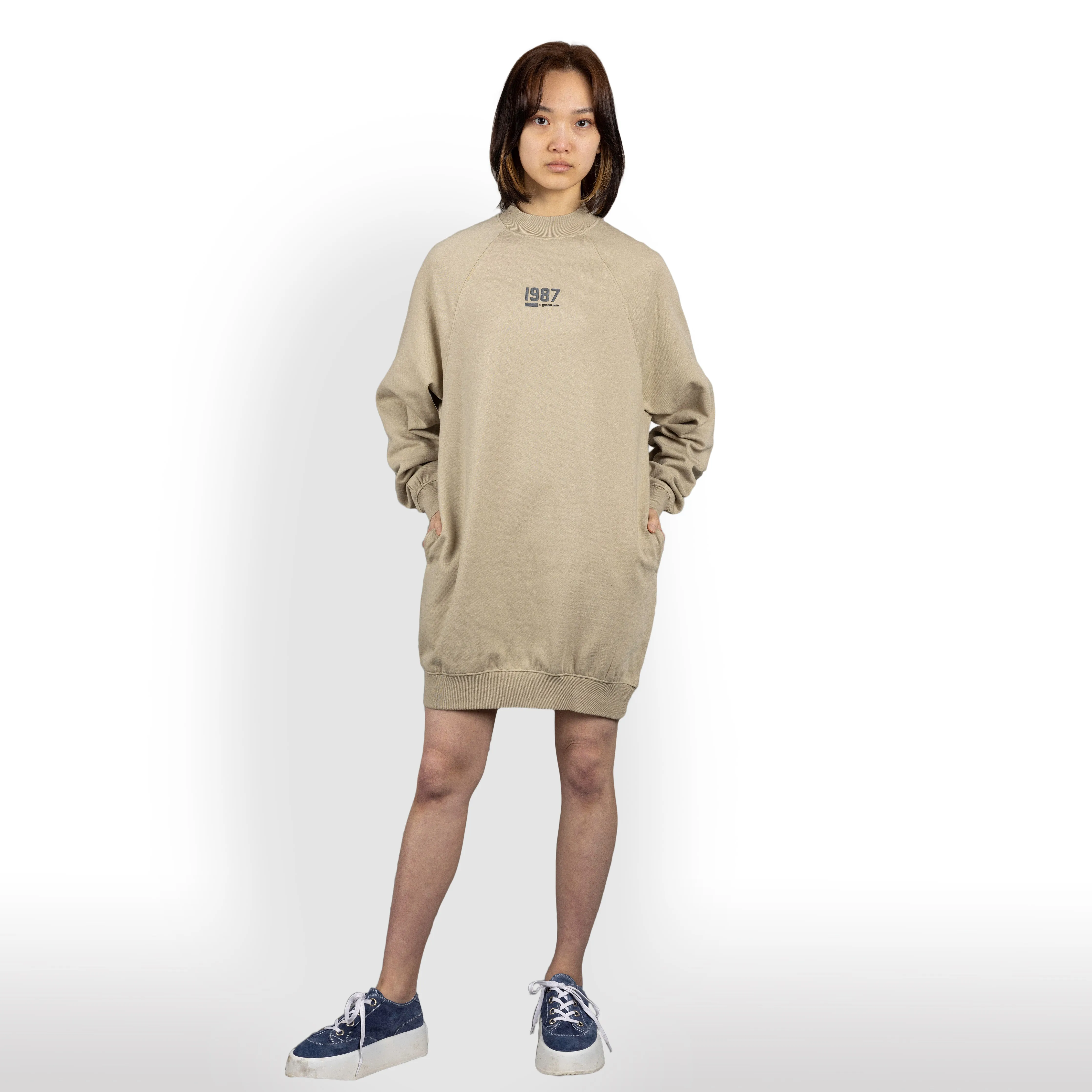 Womens Oversized Raglan Fleece Crewneck Dress - Oatmeal