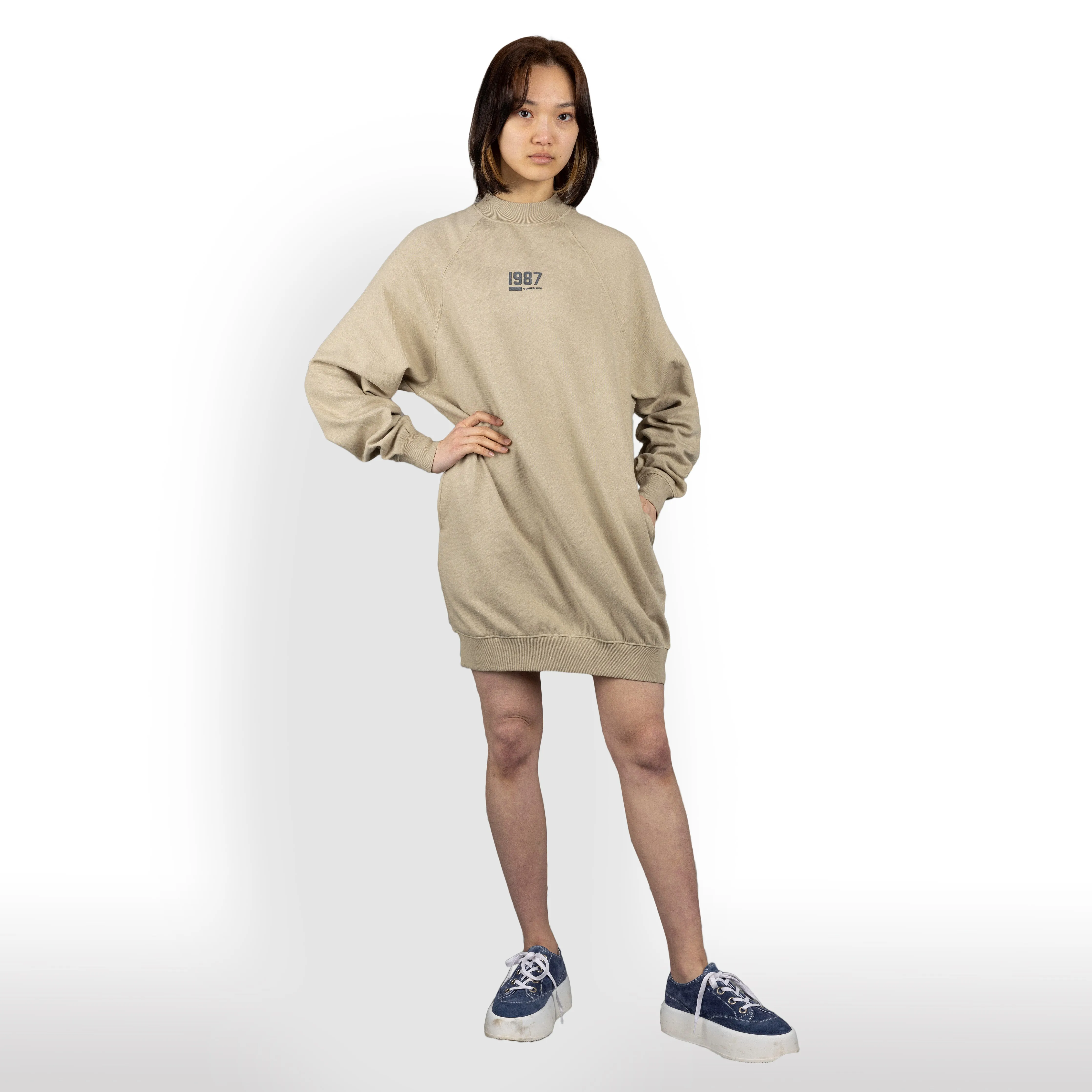 Womens Oversized Raglan Fleece Crewneck Dress - Oatmeal