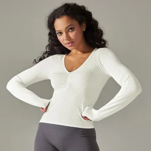 Women's Ribbed Knit Gym Crop Tops - V-Neck Long Sleeve Ruched Yoga Shirts, Quick Dry Casual Athletic Fitness Running T-shirts