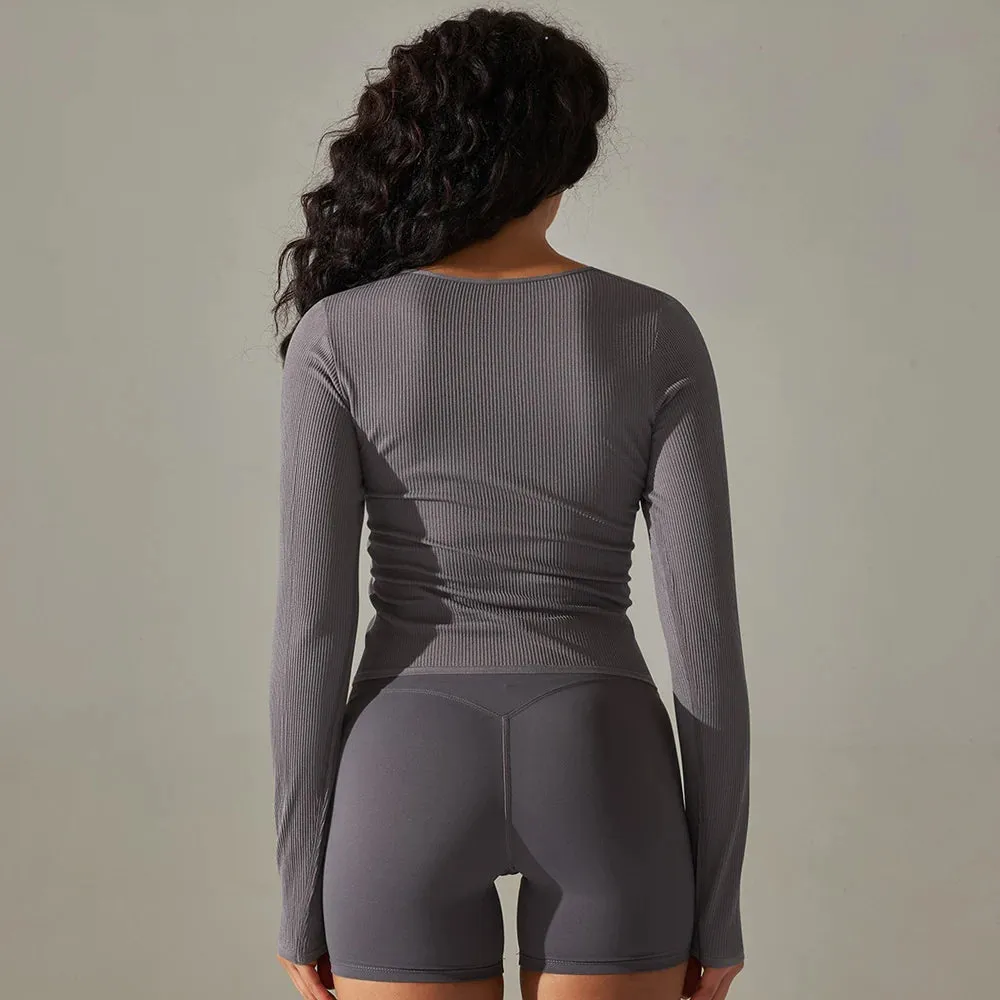 Women's Ribbed Knit Gym Crop Tops - V-Neck Long Sleeve Ruched Yoga Shirts, Quick Dry Casual Athletic Fitness Running T-shirts