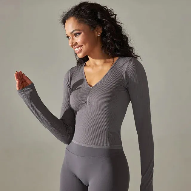 Women's Ribbed Knit Gym Crop Tops - V-Neck Long Sleeve Ruched Yoga Shirts, Quick Dry Casual Athletic Fitness Running T-shirts