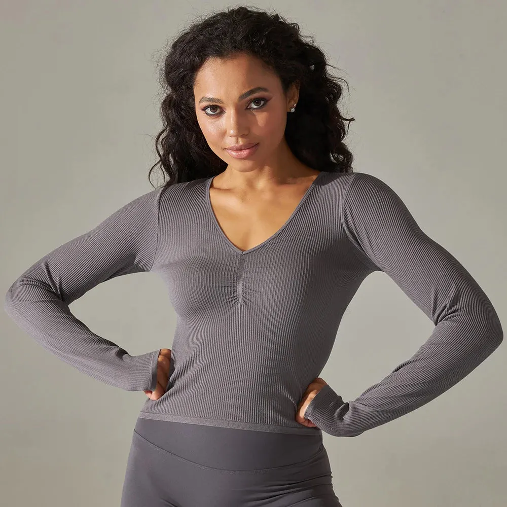 Women's Ribbed Knit Gym Crop Tops - V-Neck Long Sleeve Ruched Yoga Shirts, Quick Dry Casual Athletic Fitness Running T-shirts