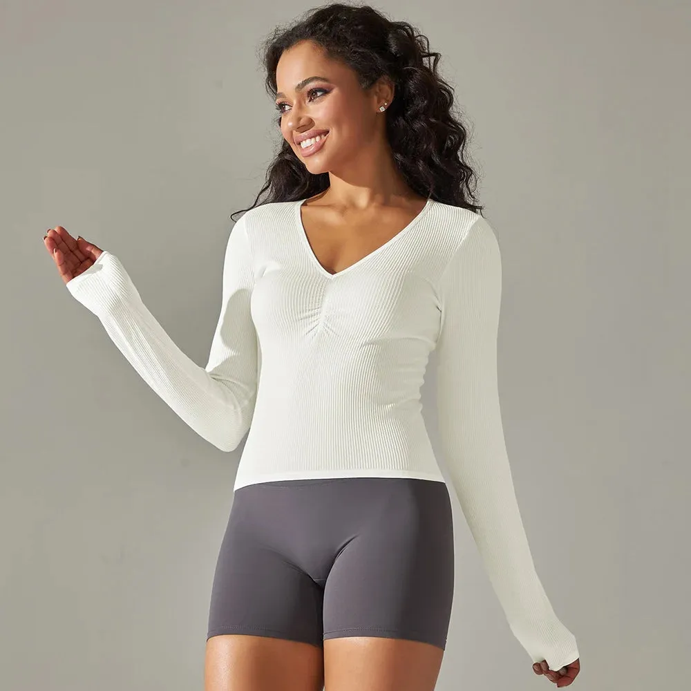Women's Ribbed Knit Gym Crop Tops - V-Neck Long Sleeve Ruched Yoga Shirts, Quick Dry Casual Athletic Fitness Running T-shirts