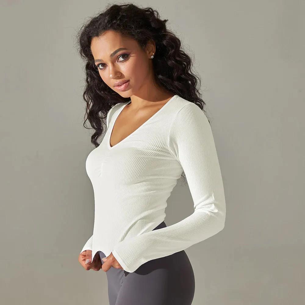 Women's Ribbed Knit Gym Crop Tops - V-Neck Long Sleeve Ruched Yoga Shirts, Quick Dry Casual Athletic Fitness Running T-shirts