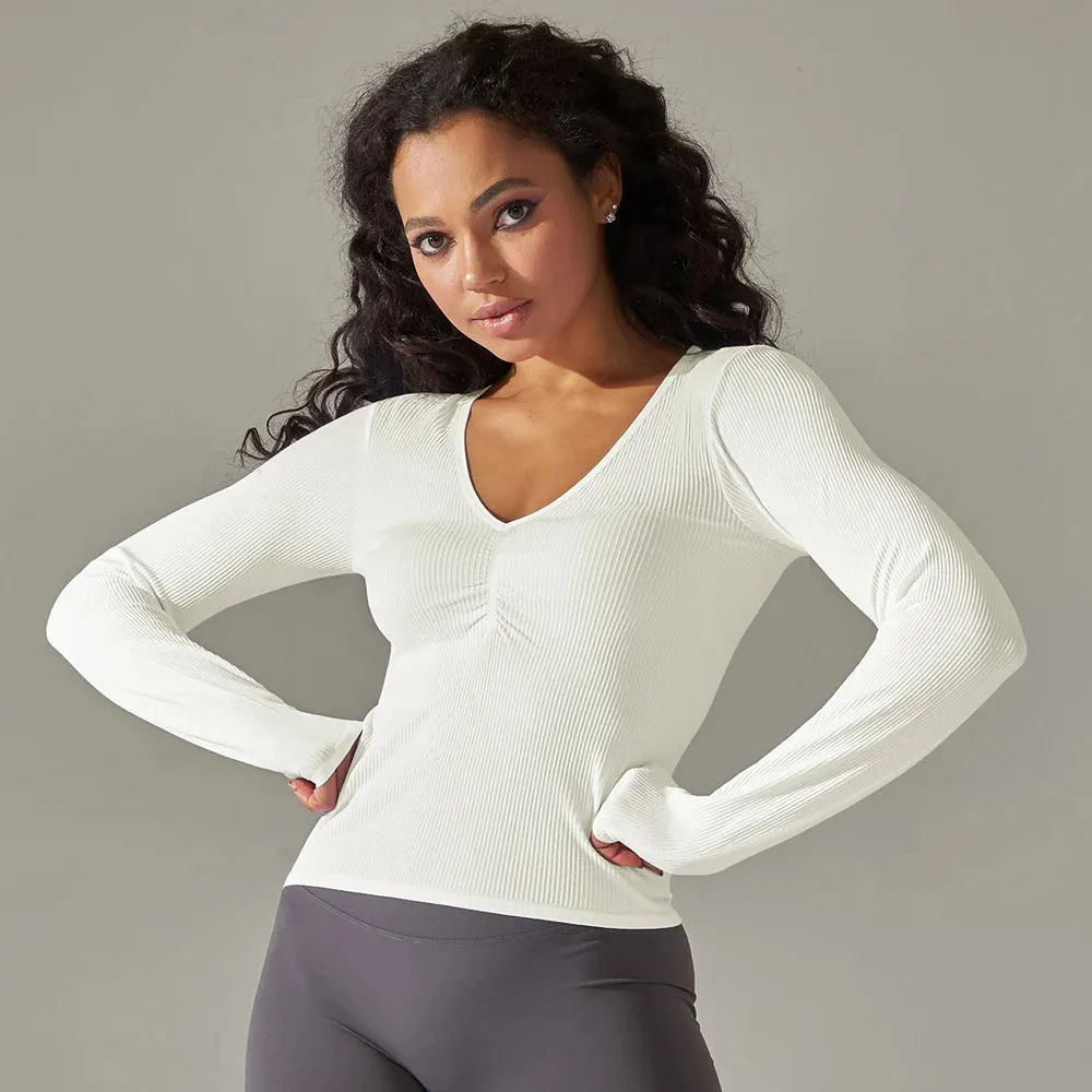 Women's Ribbed Knit Gym Crop Tops - V-Neck Long Sleeve Ruched Yoga Shirts, Quick Dry Casual Athletic Fitness Running T-shirts