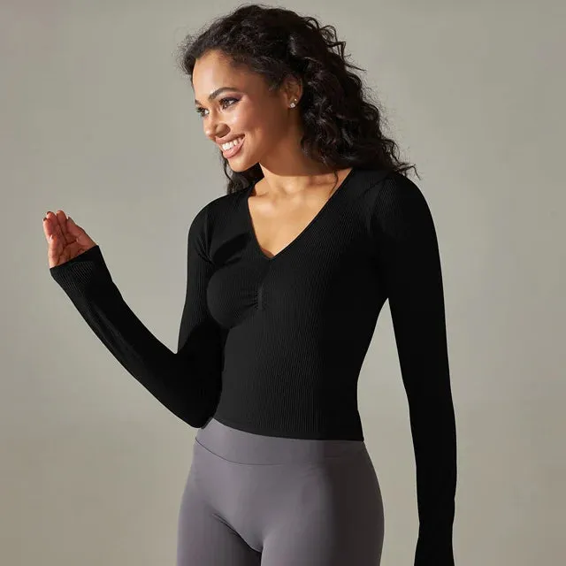 Women's Ribbed Knit Gym Crop Tops - V-Neck Long Sleeve Ruched Yoga Shirts, Quick Dry Casual Athletic Fitness Running T-shirts