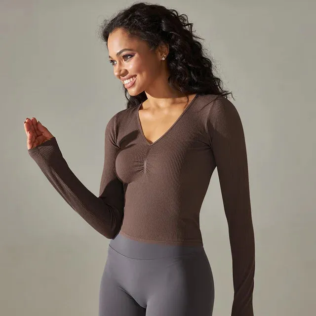 Women's Ribbed Knit Gym Crop Tops - V-Neck Long Sleeve Ruched Yoga Shirts, Quick Dry Casual Athletic Fitness Running T-shirts