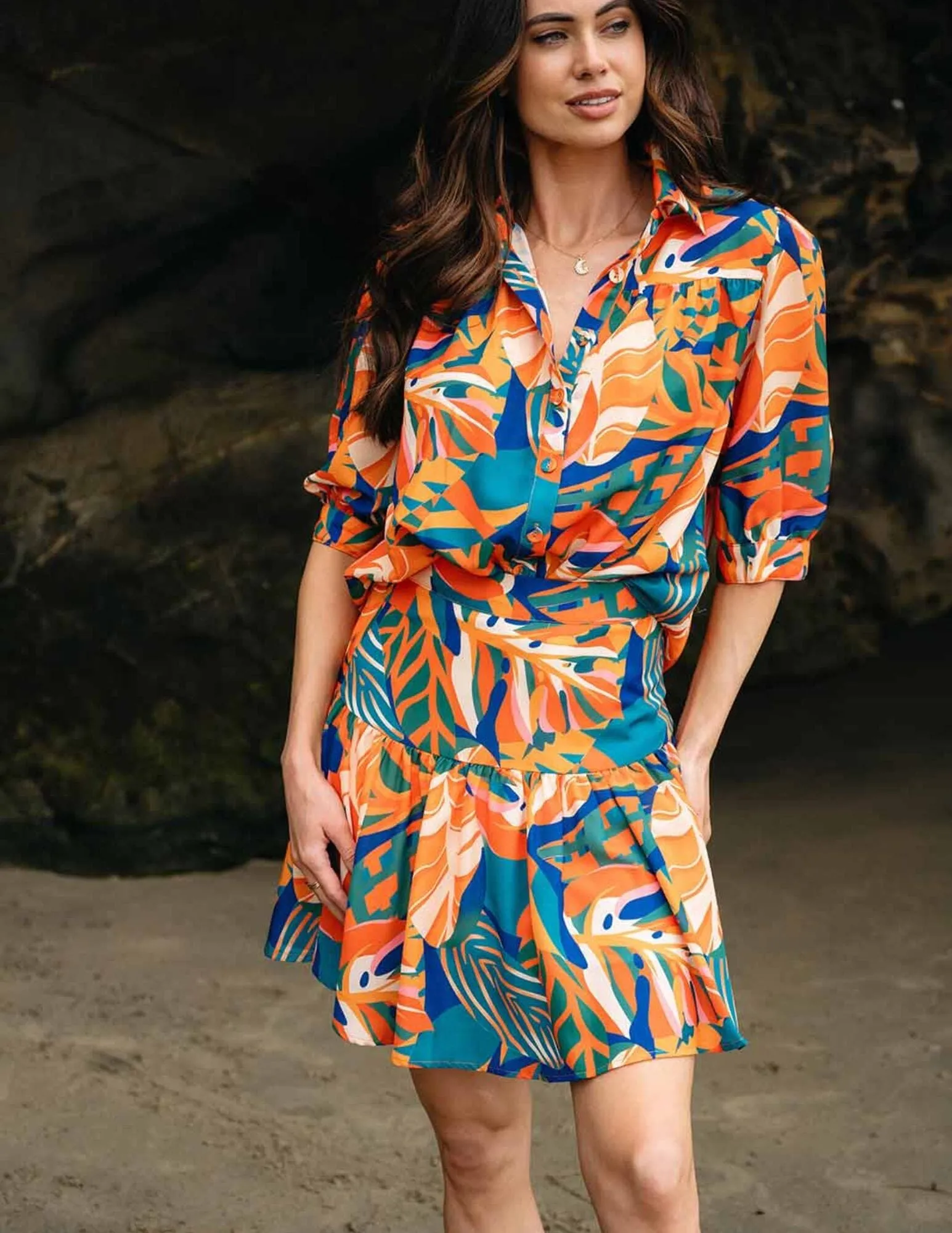 WOMEN'S SHORT SLEEVE BUTTON UP TOP & MINI SKIRT FLORAL 2PC.SET
