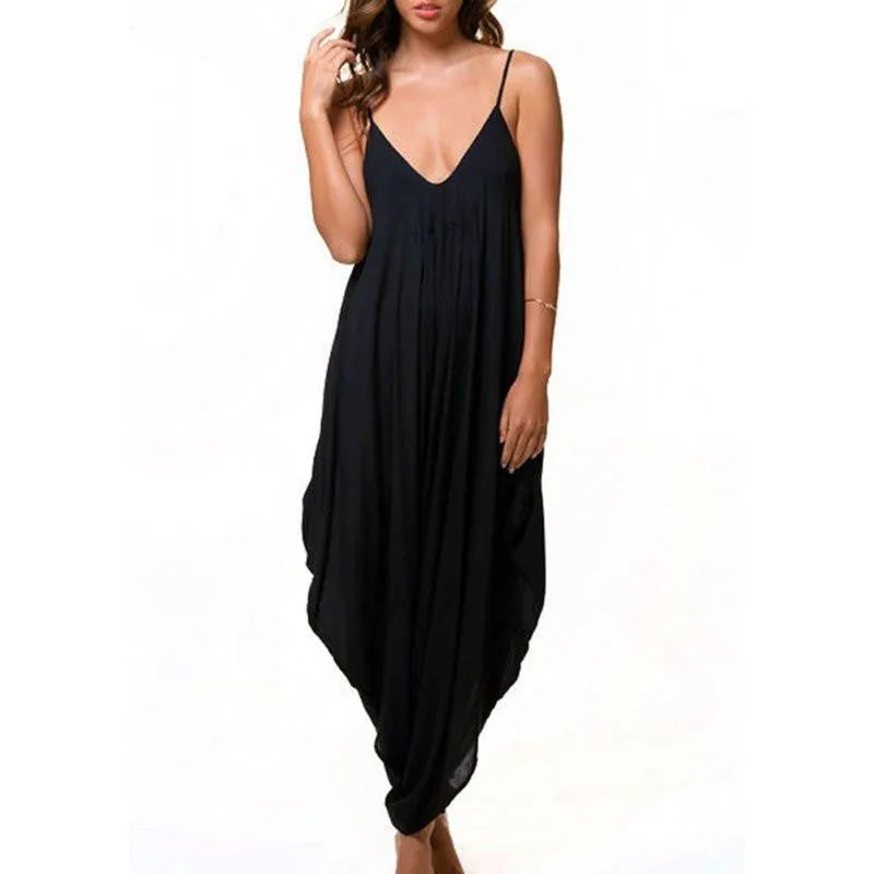 Women's V Neck Loose Baggy Fit Beach Party Jumpsuit Romper Harem Suit Higt