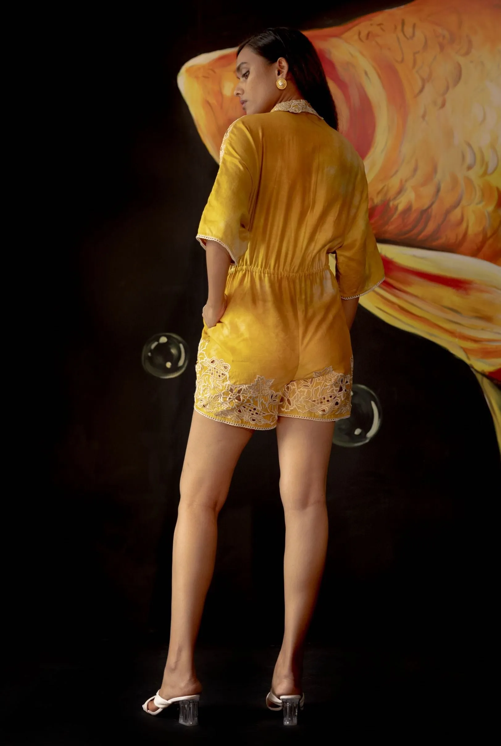 Yellow Tie-dye Cutwork Playsuit