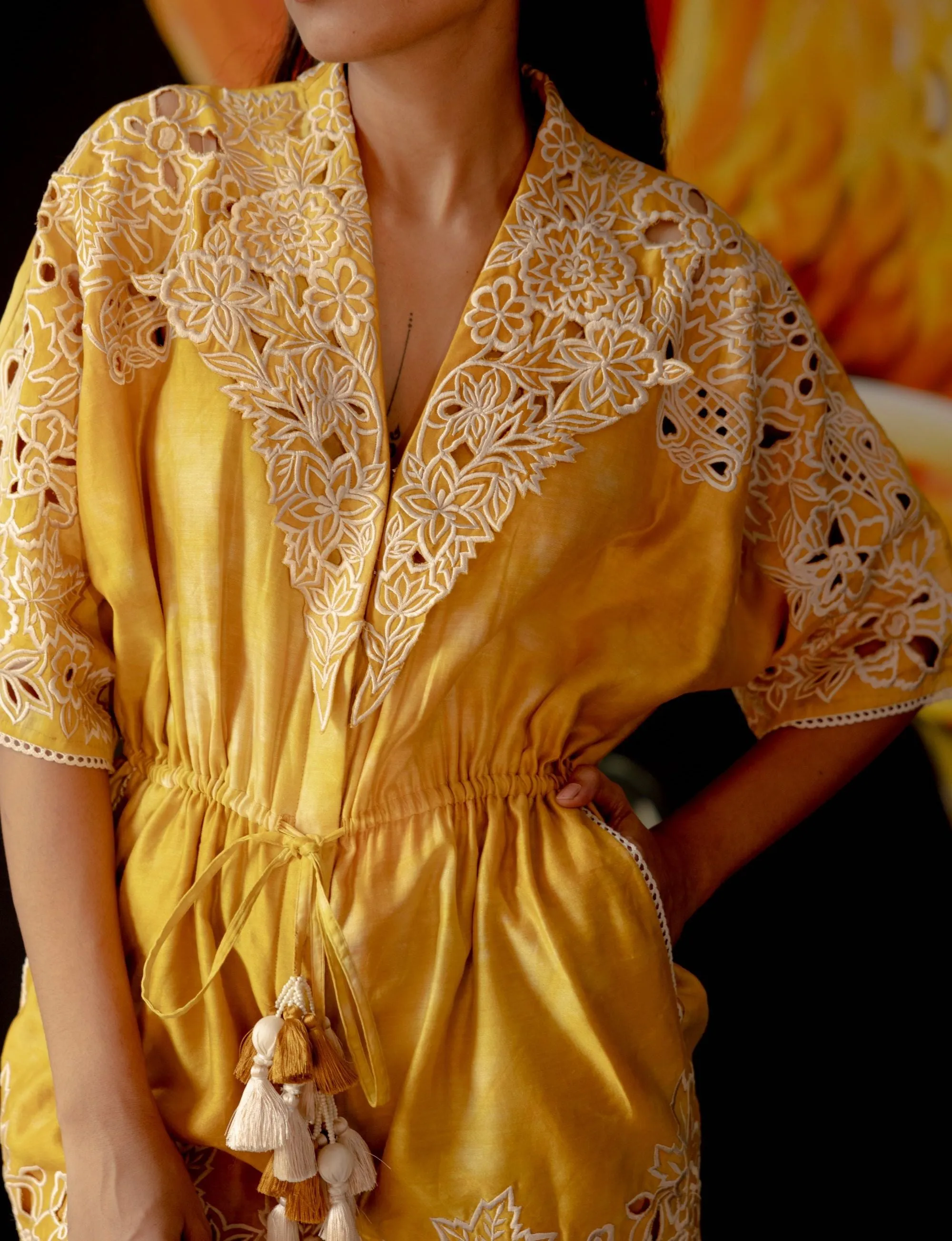 Yellow Tie-dye Cutwork Playsuit