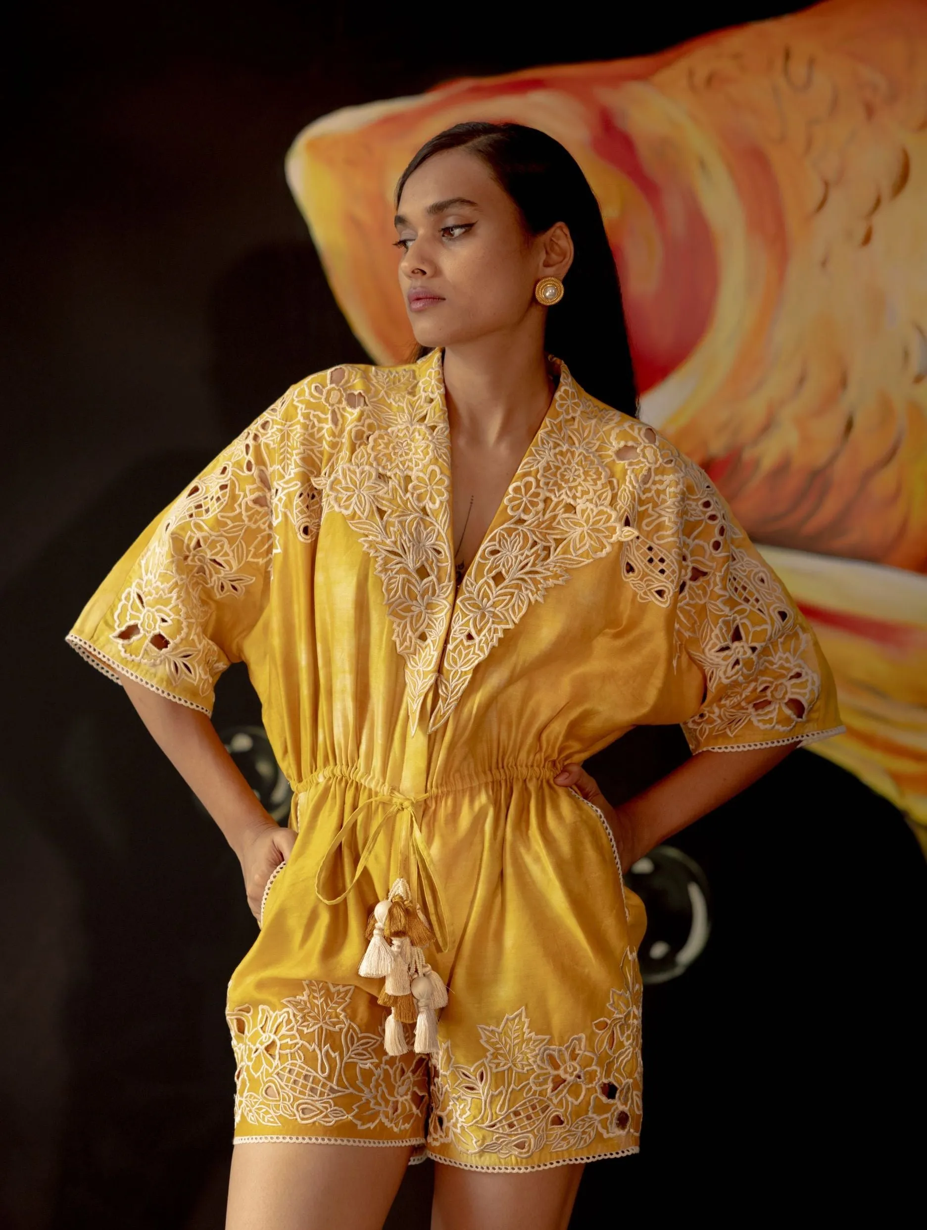 Yellow Tie-dye Cutwork Playsuit