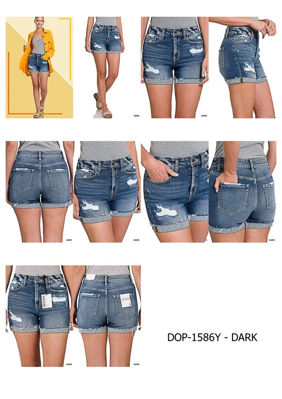 ZENANA CUFFED RAW HEM DENIM SHORTS