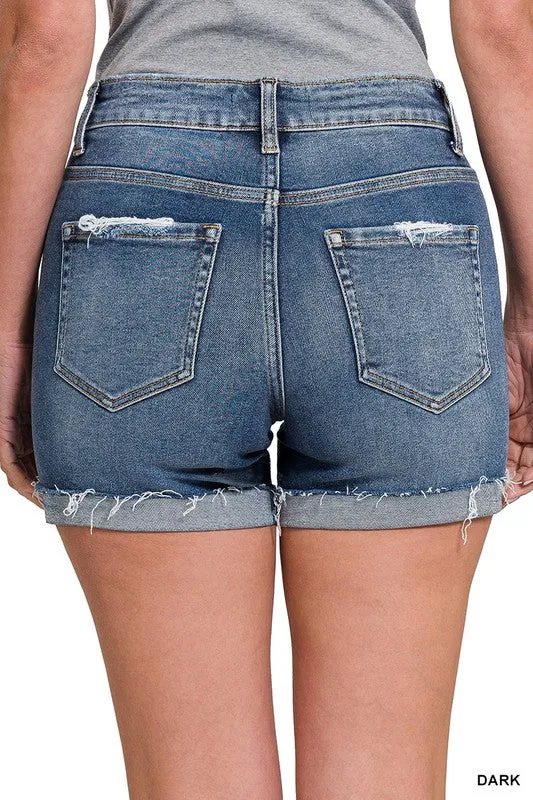 ZENANA CUFFED RAW HEM DENIM SHORTS