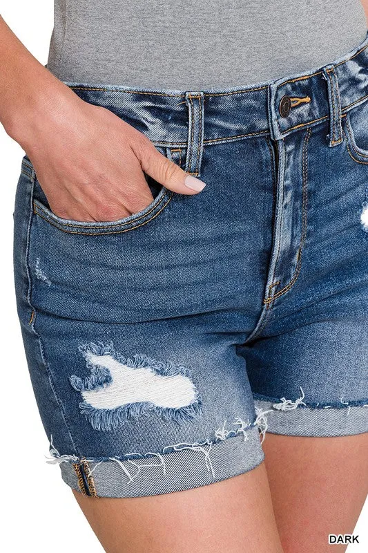 ZENANA CUFFED RAW HEM DENIM SHORTS