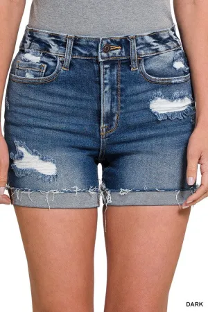ZENANA CUFFED RAW HEM DENIM SHORTS